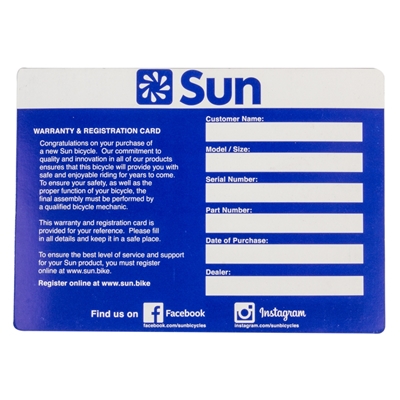 SUN BICYCLES Registration Card 